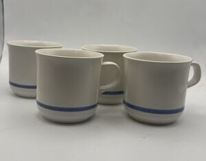The Cellar RH MACY Coffee Cup Mug White Stoneware w/ Blue Stripe Set Of 4 Japan